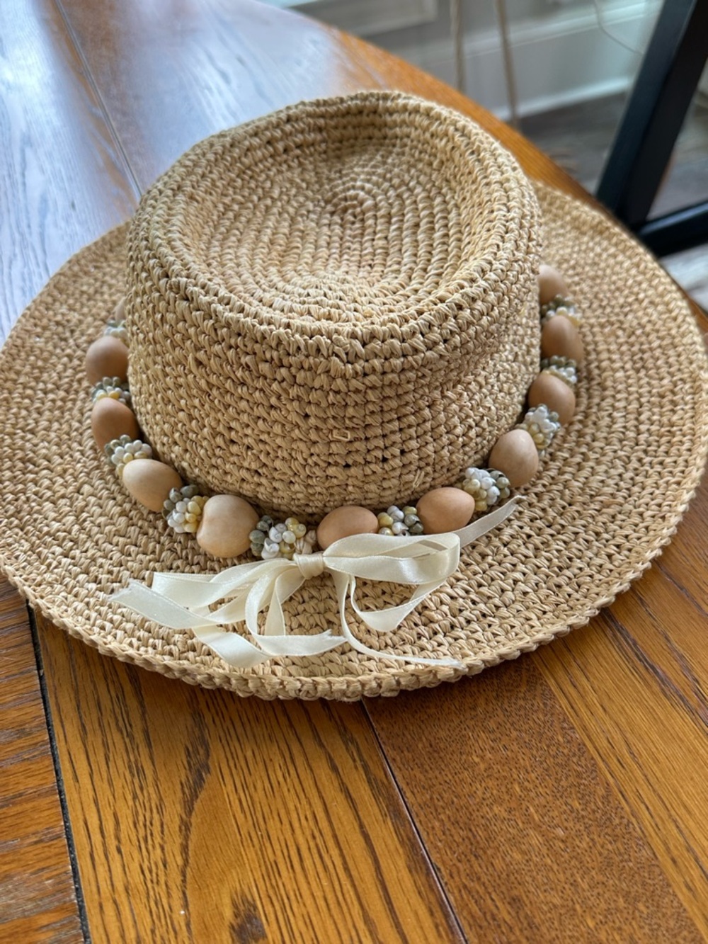 Scala Raffia Shell and Wood Beads Brimmed Hat in VGUC